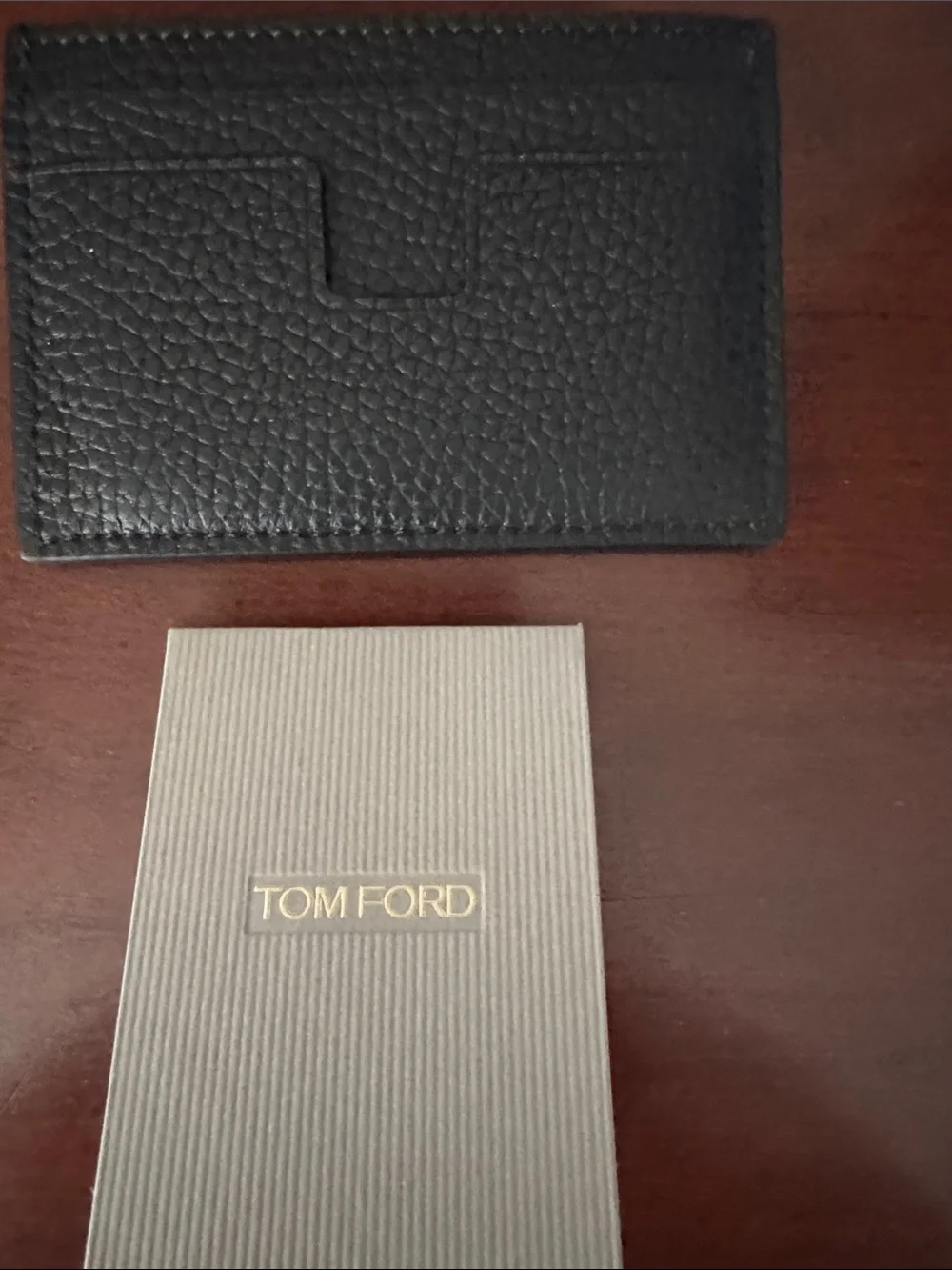 Tom Ford Black Pebbled Leather Card Holder with White Logo